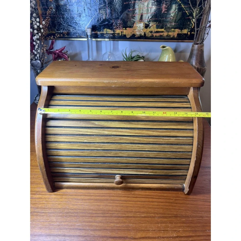 Vintage Roll Top Oak Wood Bread Box Farmhouse Cottage Kitchen Storage Grannycore